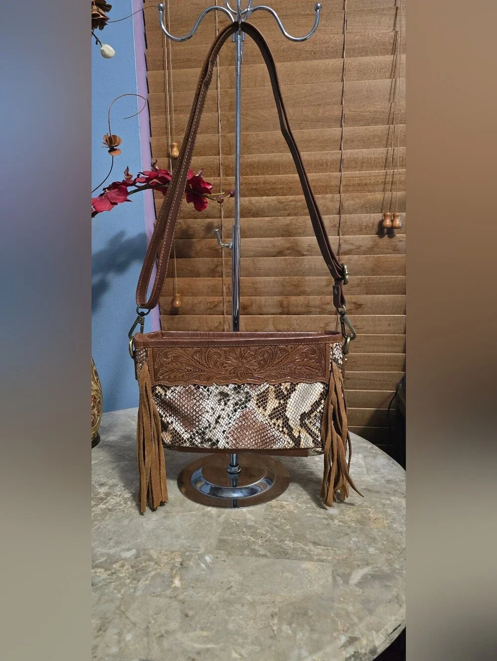 Shyanne Tooled Snake-Embossed Brown Leather Western Style Crossbody Shoulder Bag
